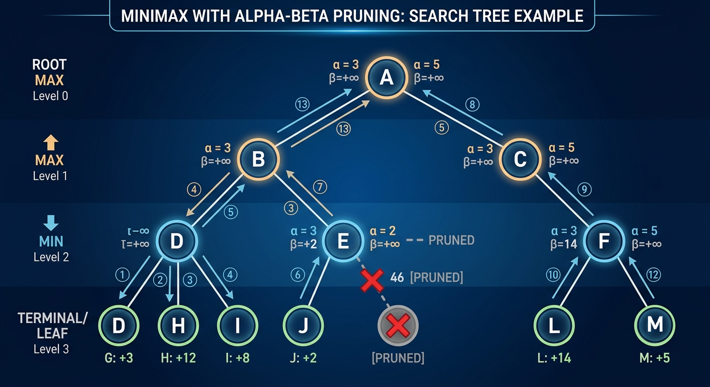Alpha-beta pruning minimax tree visualization